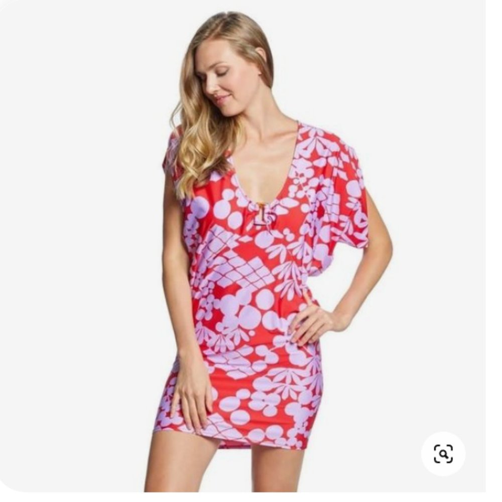 NWT TRINA TURK BALI BLOSSOMS V-Neck Cover-Up Tunic Dress Size M